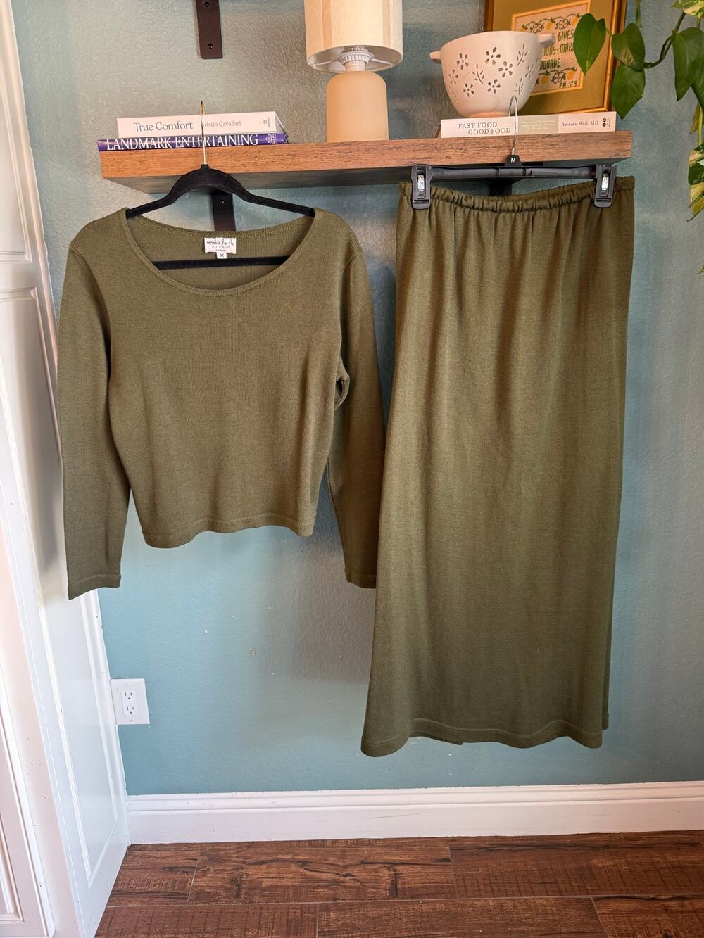 Vintage Monika Turtle 2 Piece Knit Sweater Skirt Set Olive Green M Fall Elevated